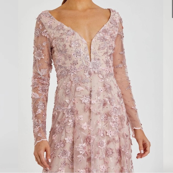 Mac Duggal 70224 Floral Applique Long Sleeve Illusion Gown, Rose Pink, Size 4 - Picture 7 of 14